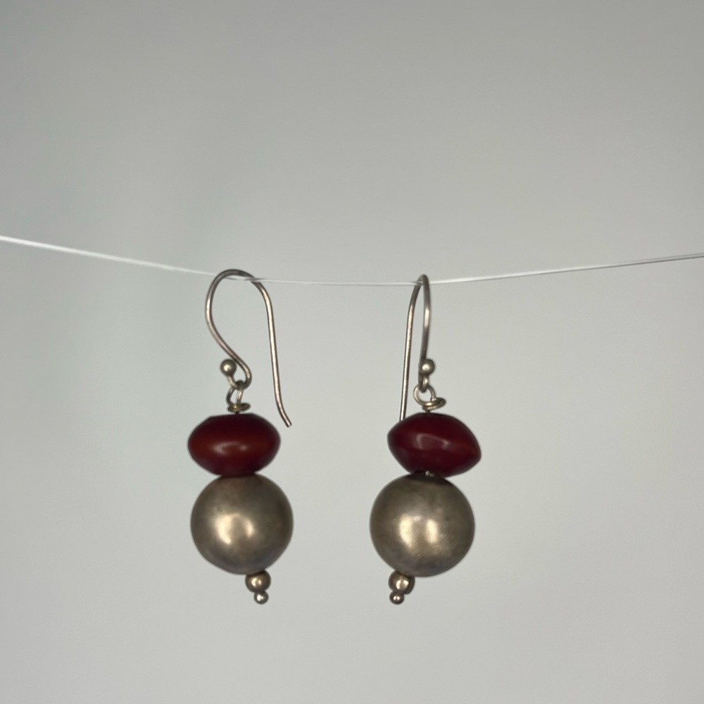 Red and silver bead drop earrings